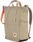Beige fjallraven backpack with orange accents on a white background