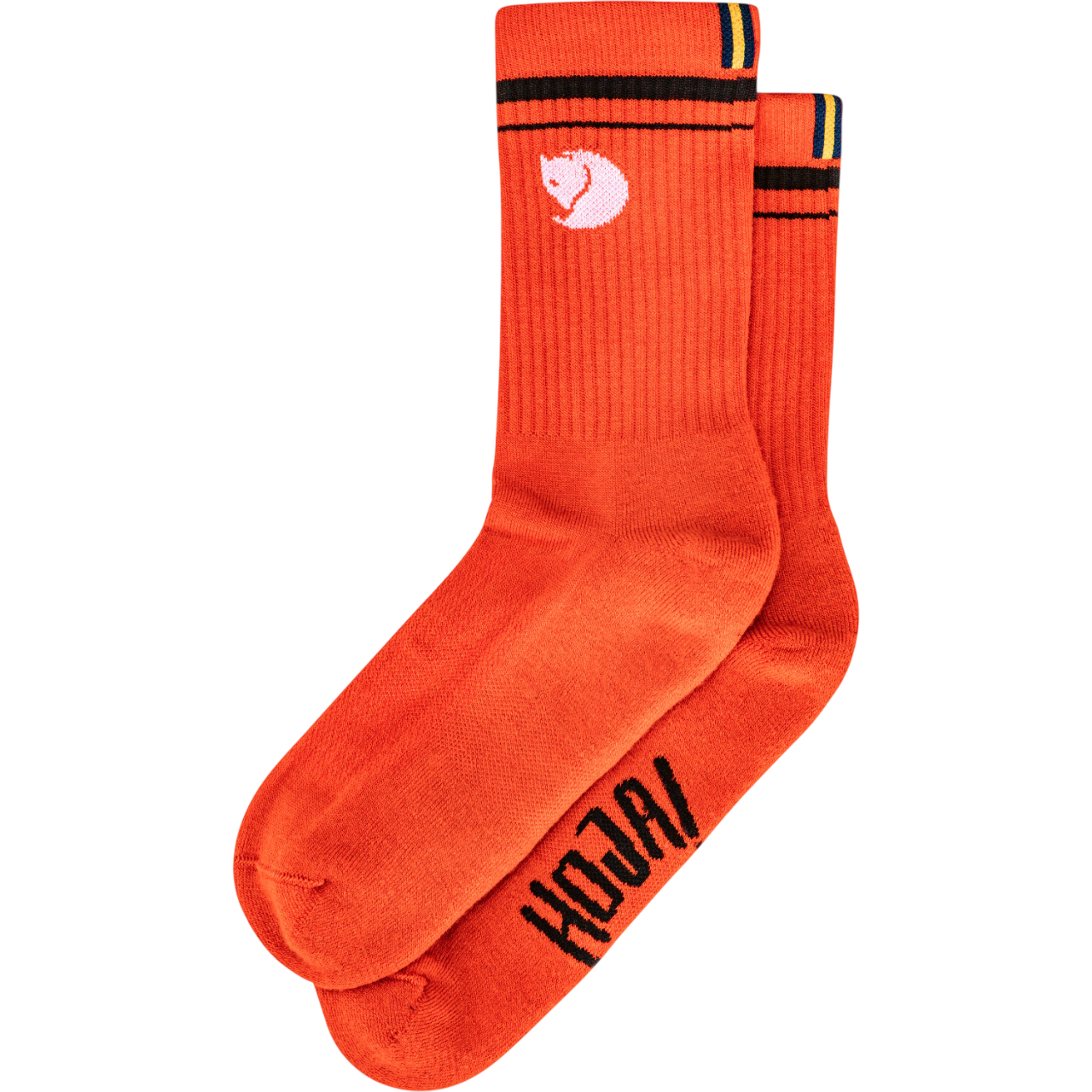 Orange socks with black text and a fjallraven logo on a white background