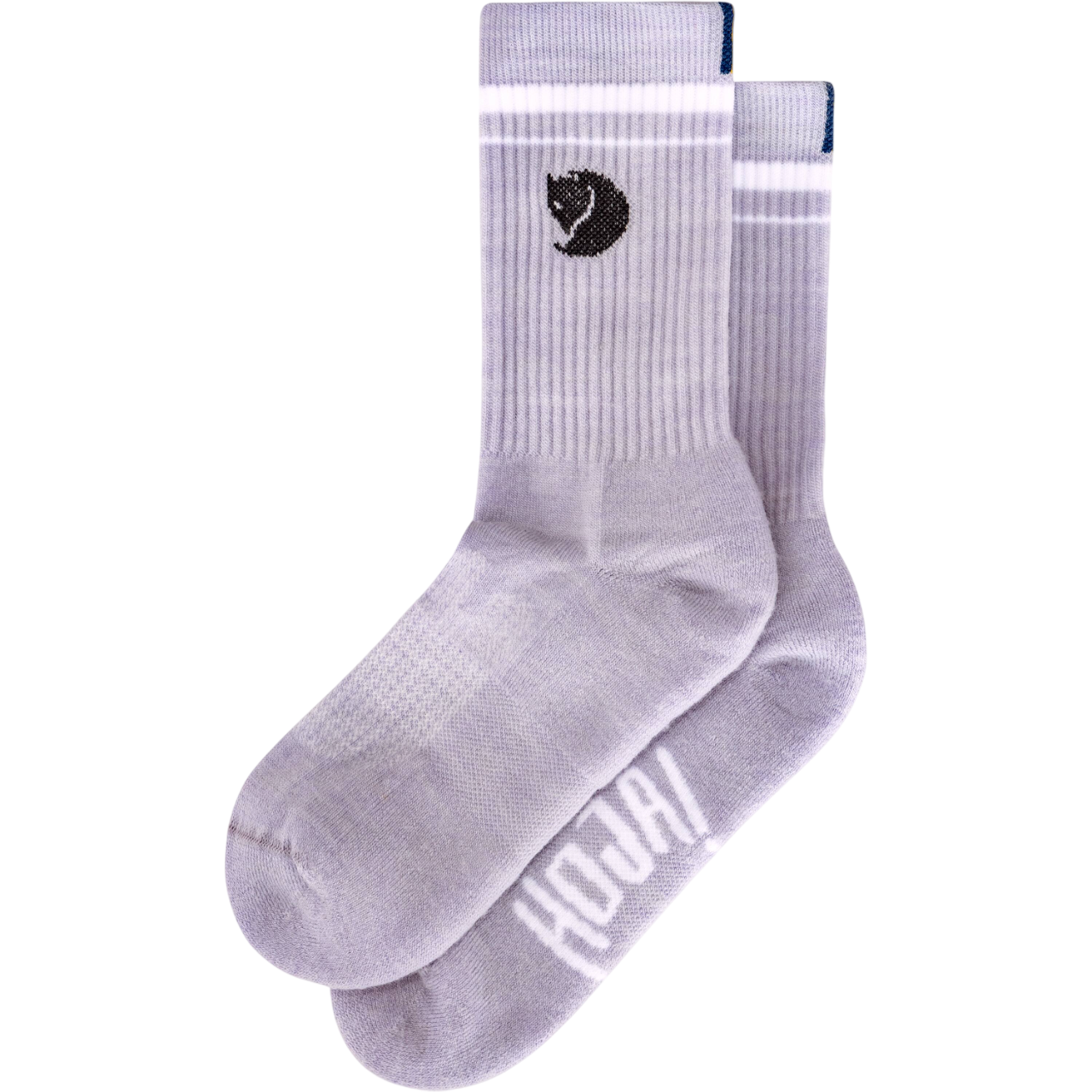 Purple socks with a logo and text on a white background