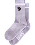 Purple socks with a logo and text on a white background