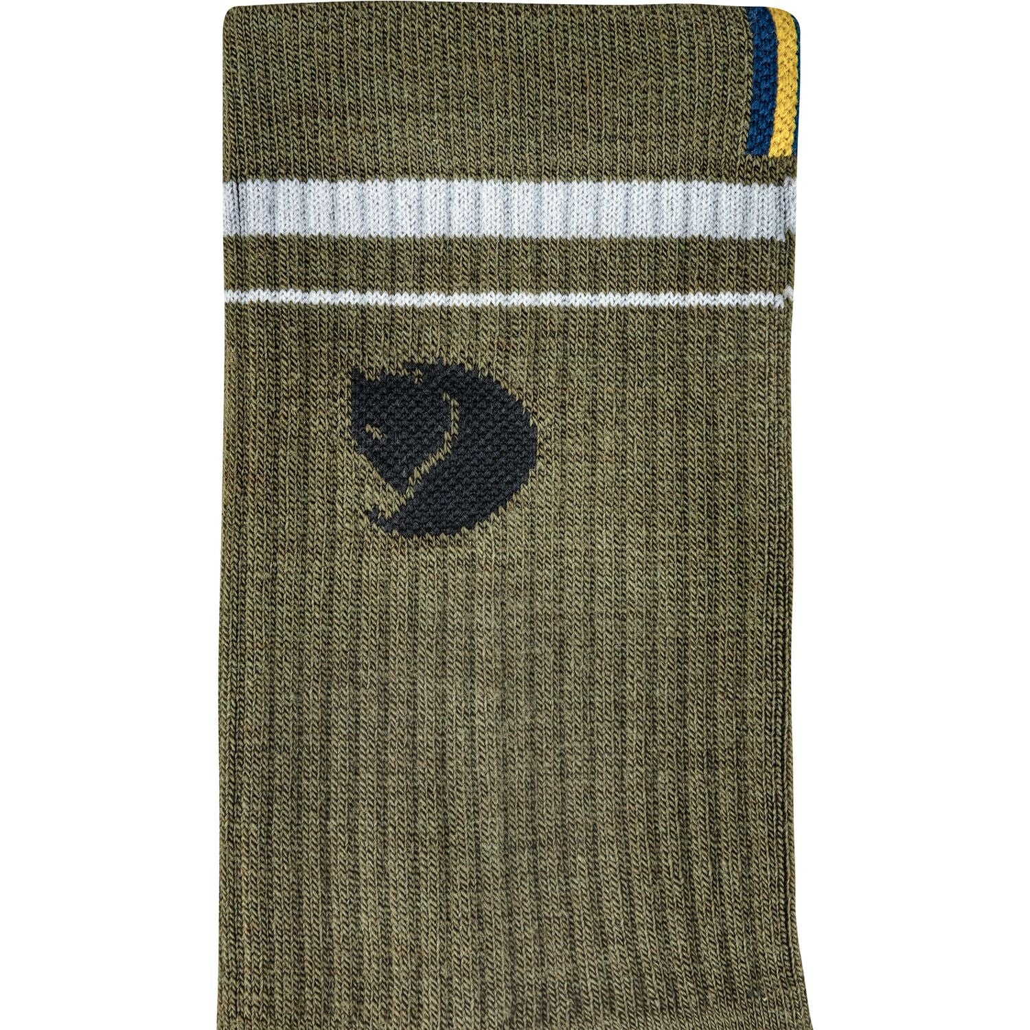 Green sock with a fjallraven logo on a white background
