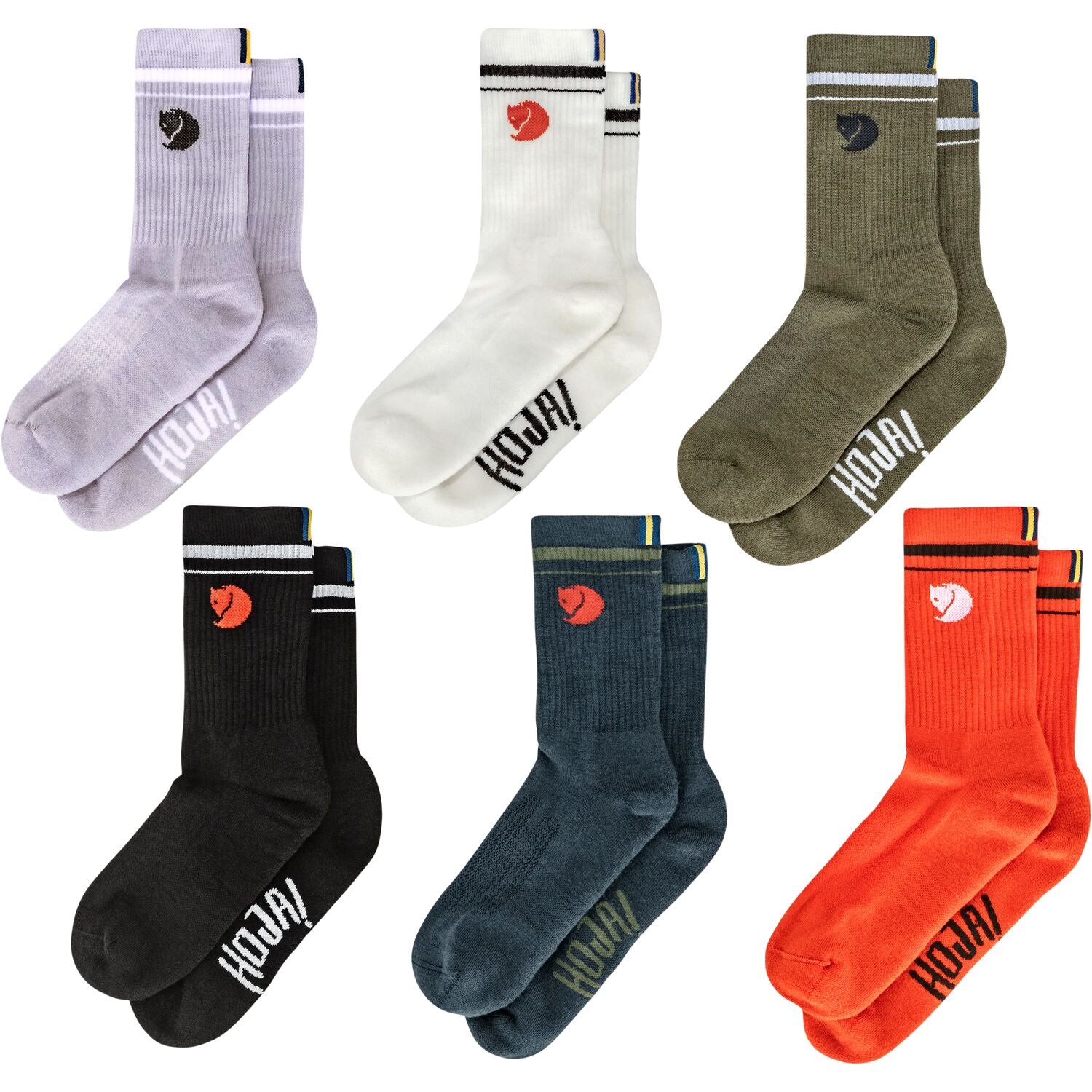 Set of six pairs of socks in various colors with a fjallraven logo on a white background