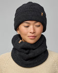 Person wearing a dark gray knit beanie and scarf on a gray background