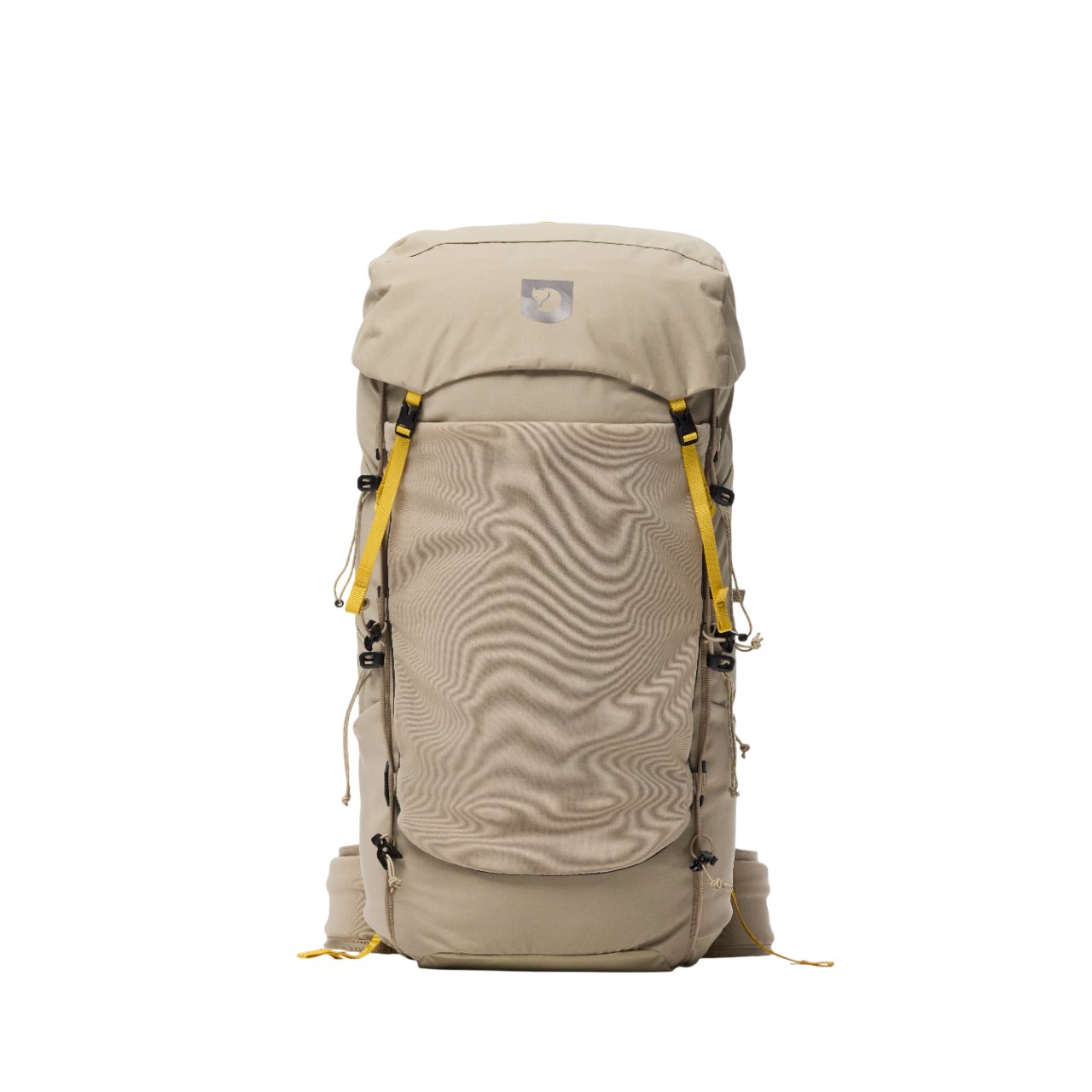 Beige backpack with yellow accents on a white background