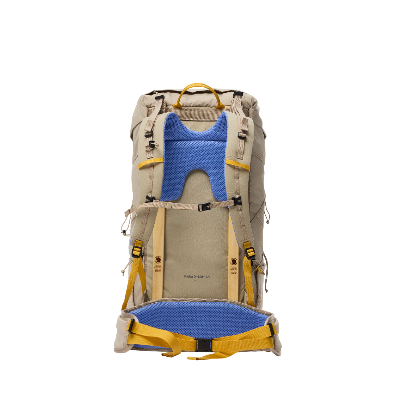 Backpack with blue and yellow interior on a white background