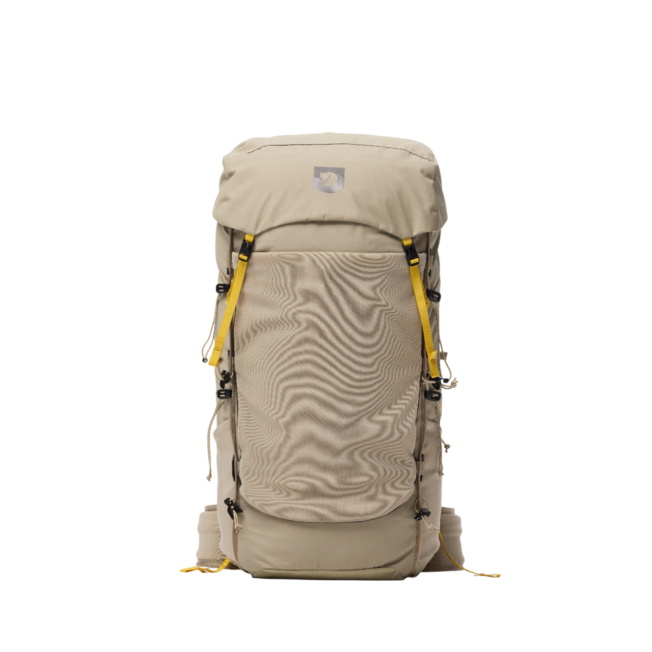Beige backpack with yellow buckle straps on a white background