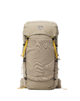 Beige backpack with yellow buckle straps on a white background
