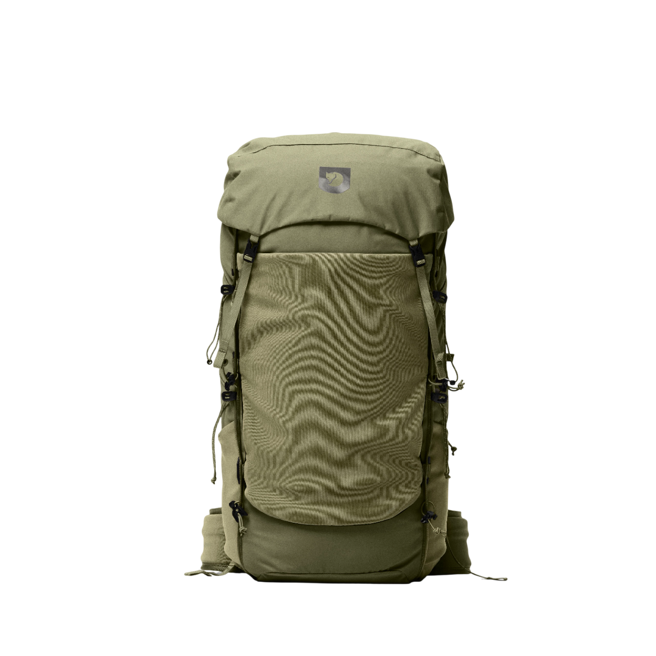 Green backpack with a camouflage pattern on a white background