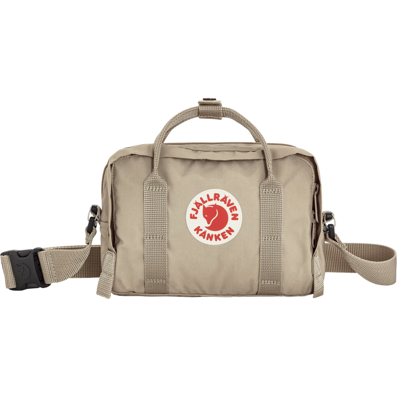 Beige waist bag with Fjällräven Kånken logo on a white background