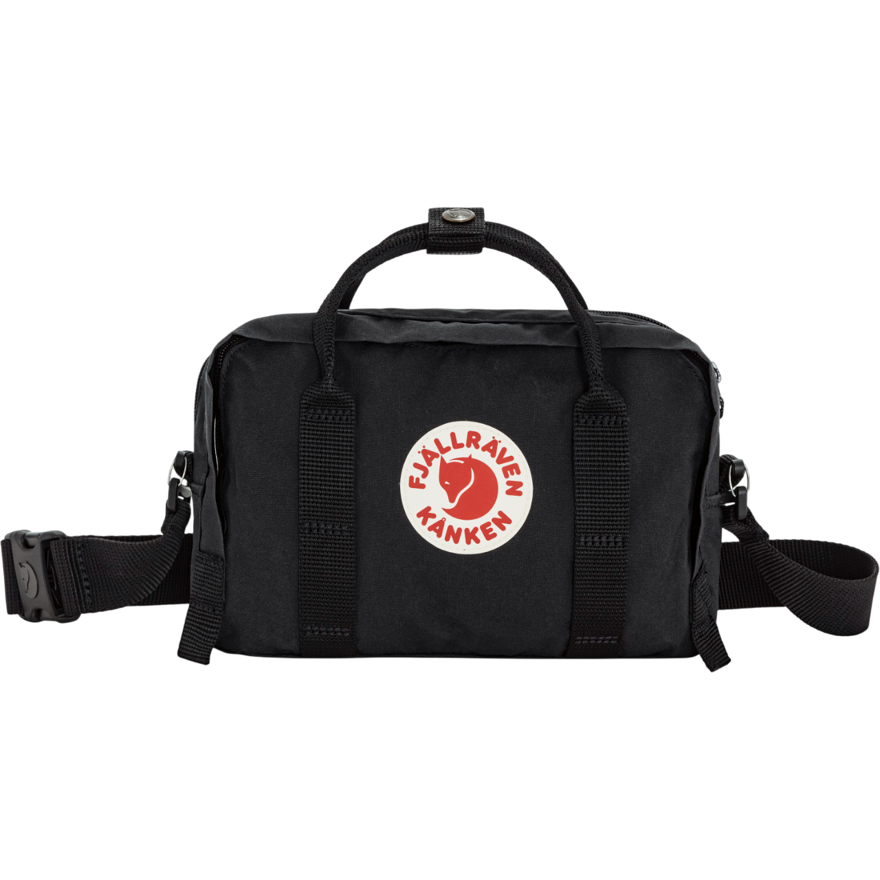 Black bag with a red and white logo on a white background