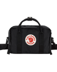 Black bag with a red and white logo on a white background