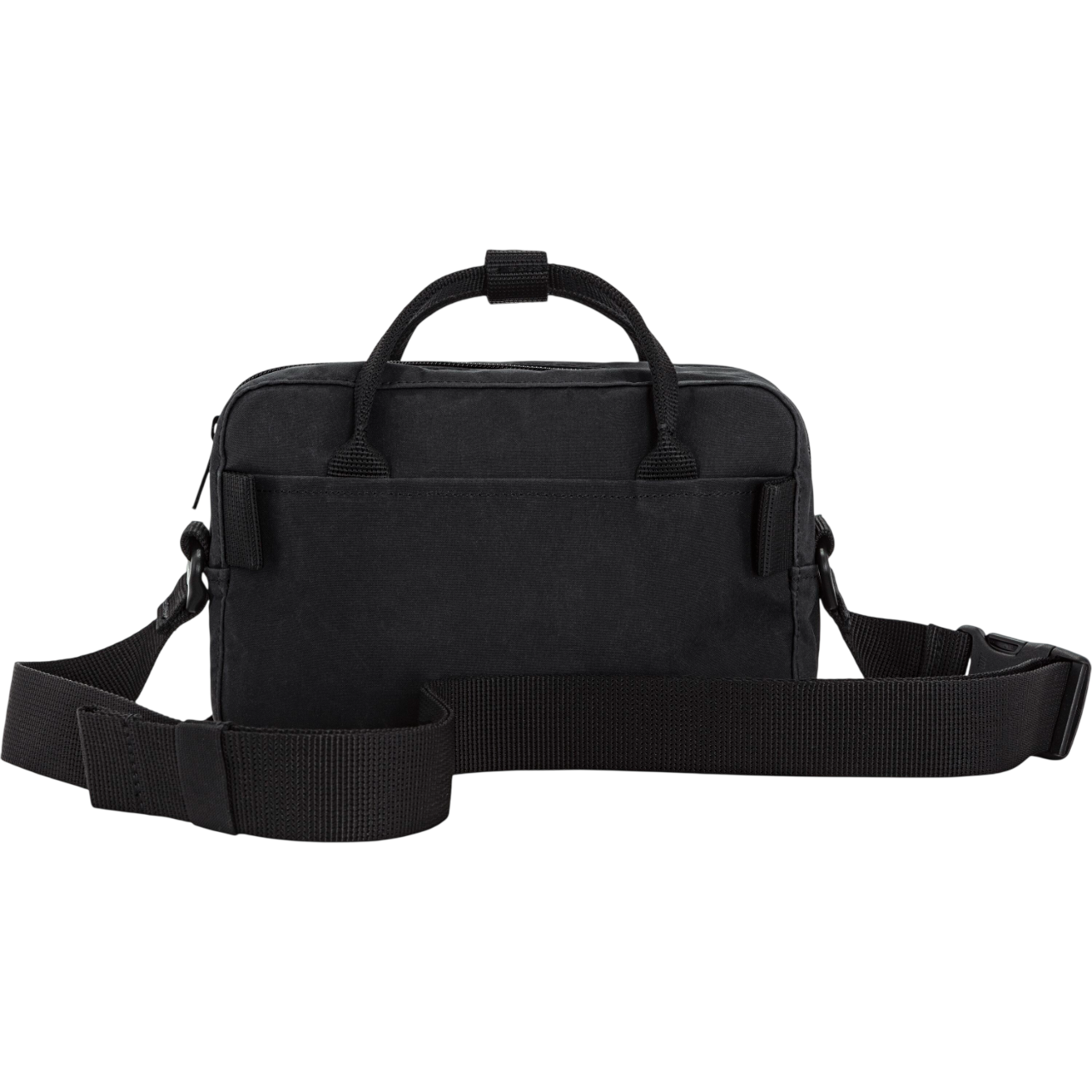 Black shoulder bag with a strap on a white background