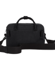 Black shoulder bag with a strap on a white background