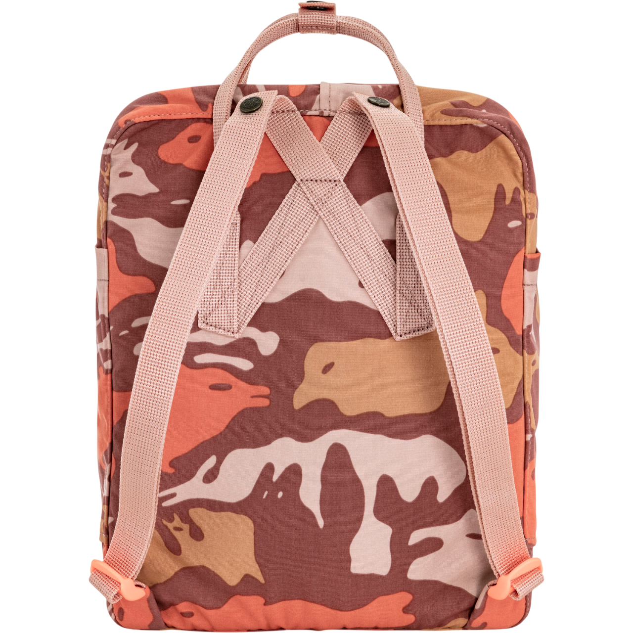 Camouflage-patterned backpack with pink straps on a white background