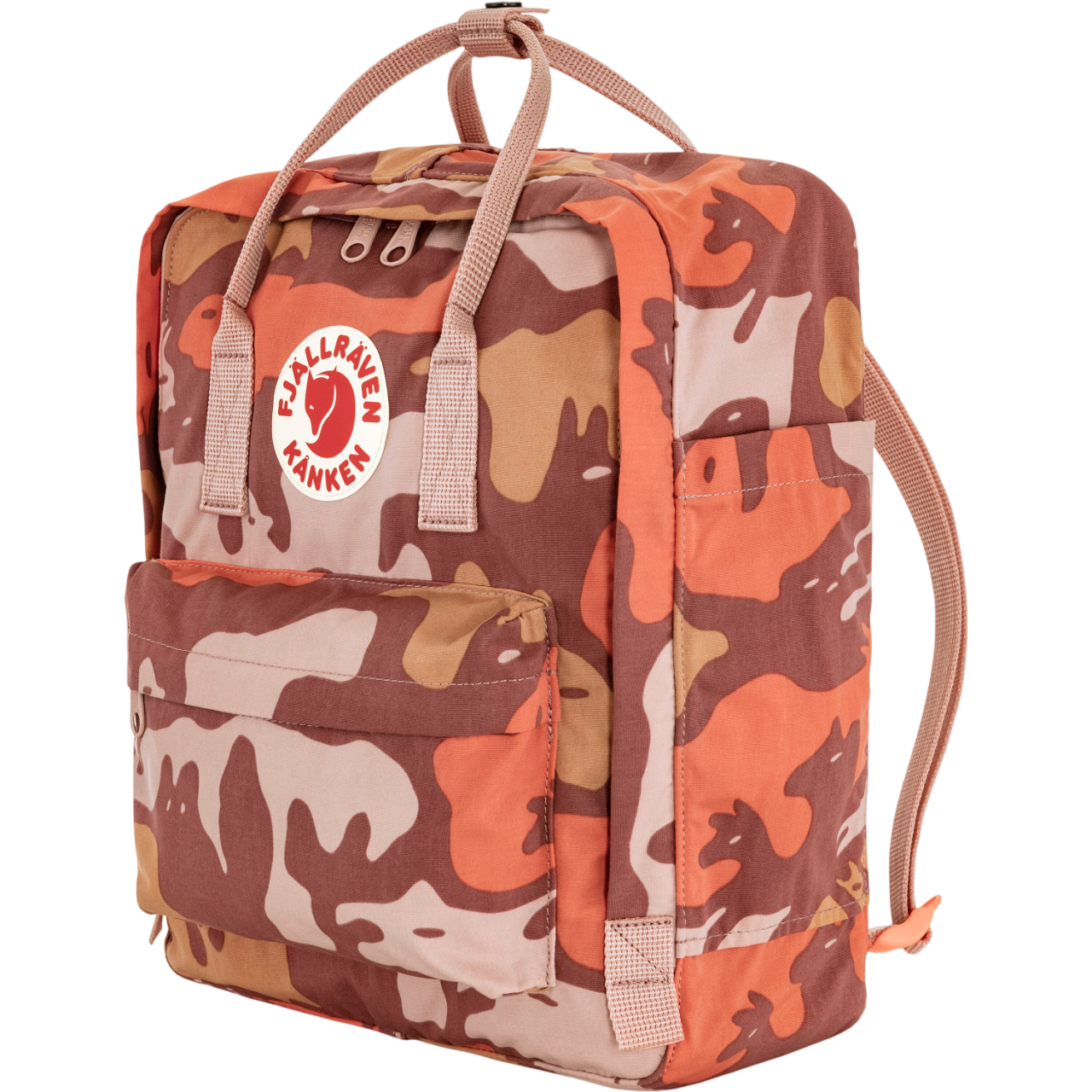 Camouflage-patterned backpack with Fjällräven Kånken logo on a white background