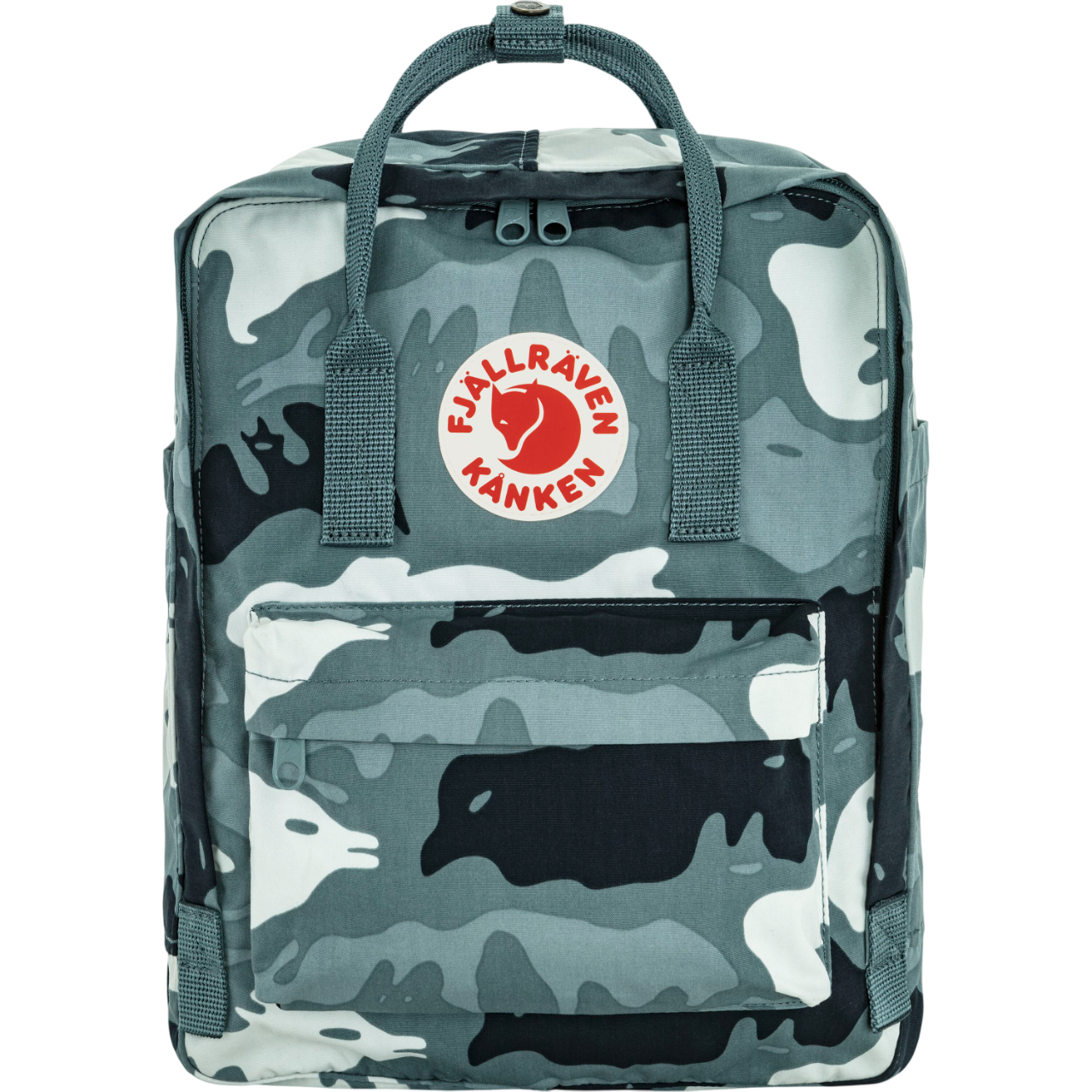 Camouflage backpack with Fjällräven Kånken logo on a white background