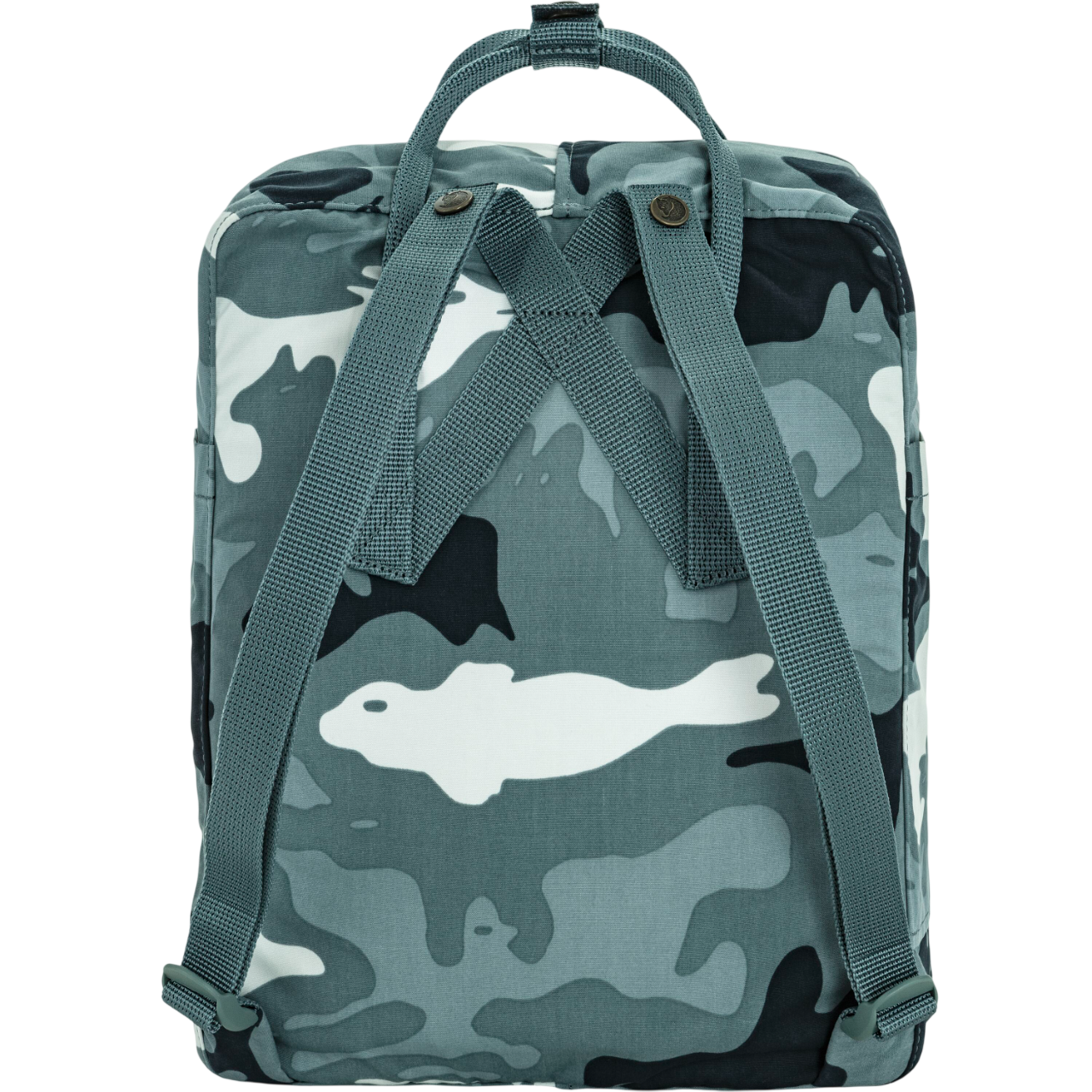 Camouflage-patterned backpack with a white fish design on a white background