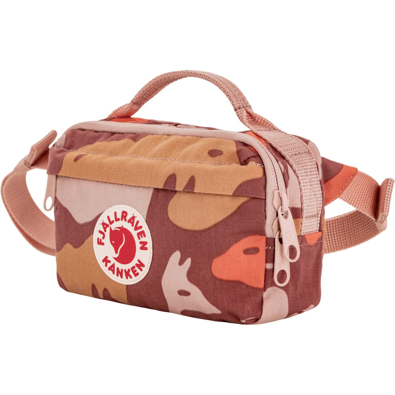Camouflage-patterned bag with Fjällräven Kånken logo on a white background