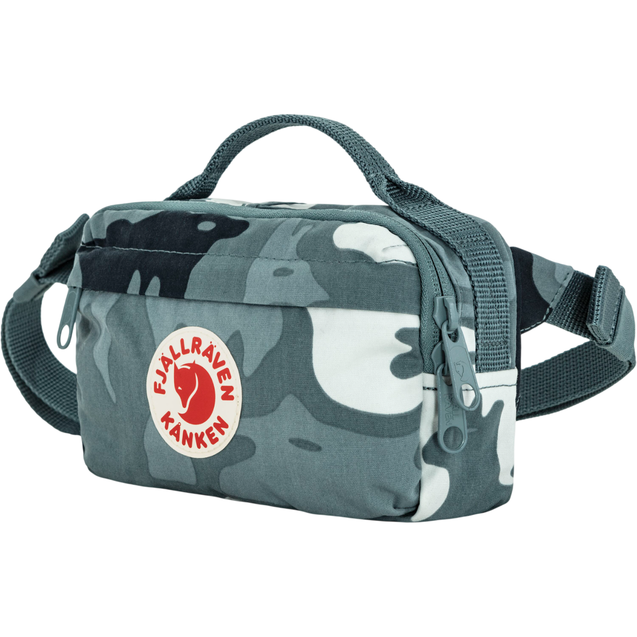 Camouflage-patterned waist bag with Fjällräven Kånken logo on a white background