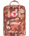 Camouflage-patterned backpack with Fjällräven Kånken logo on a white background