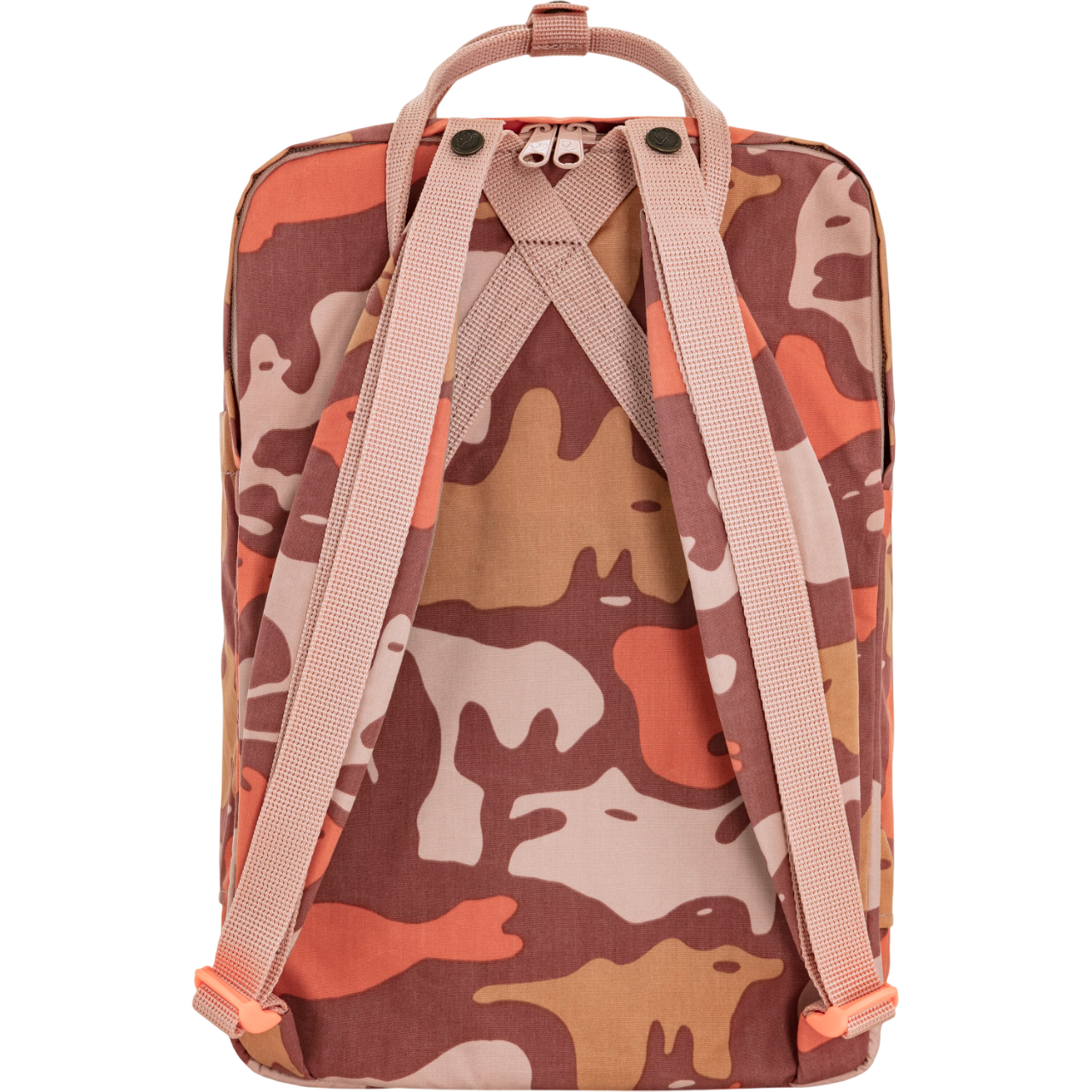 Camouflage-patterned backpack with pink straps on a white background