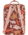 Camouflage-patterned backpack with pink straps on a white background