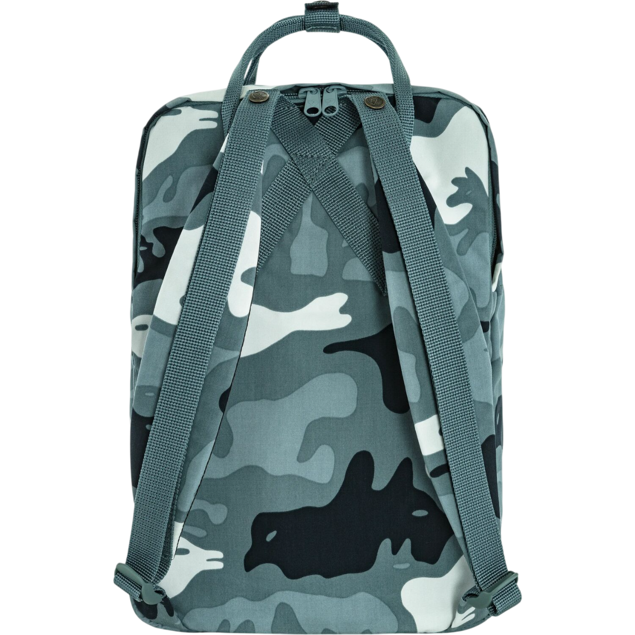 Camouflage-patterned backpack with visible straps on a white background