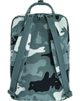 Camouflage-patterned backpack with visible straps on a white background
