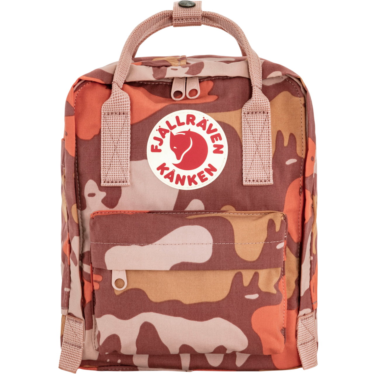 Camouflage-patterned backpack with Fjällräven Kånken logo on a white background