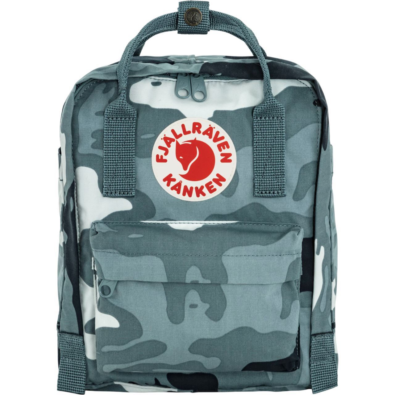 Camouflage backpack with Fjällräven Kånken logo on a white background