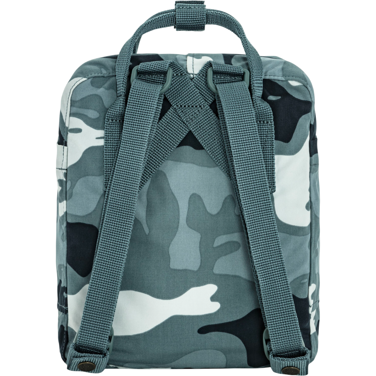 Camouflage-patterned backpack with visible brand logo on a white background