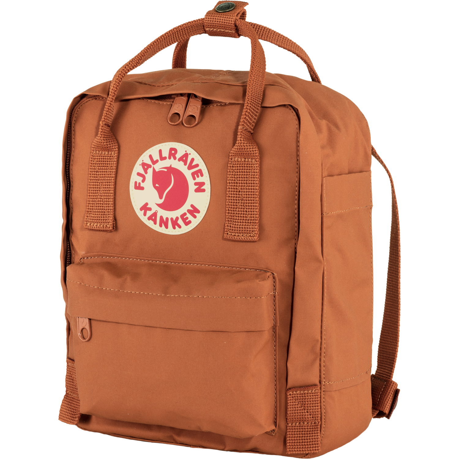 Brown mini backpack with Fjällräven Kånken logo on a white background