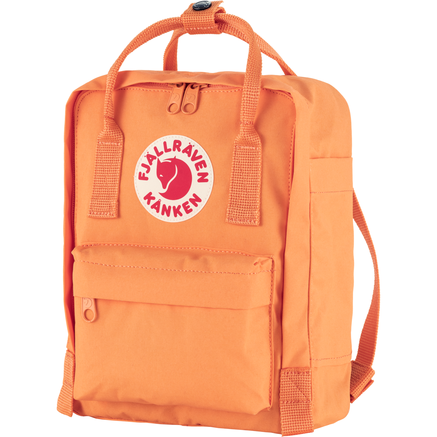 Orange mini backpack with Fjällräven Kånken logo on a white background