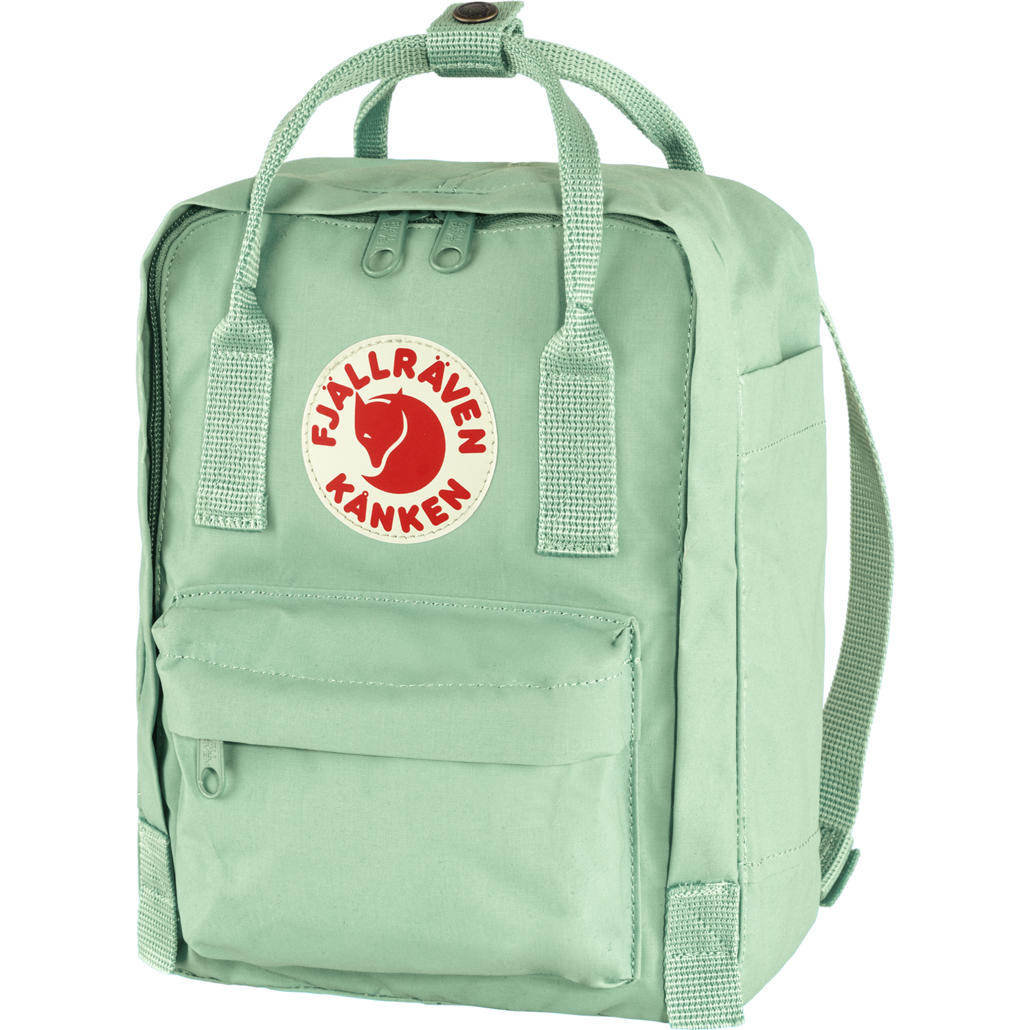 Light green mini backpack with Fjällräven Kånken logo on a white background