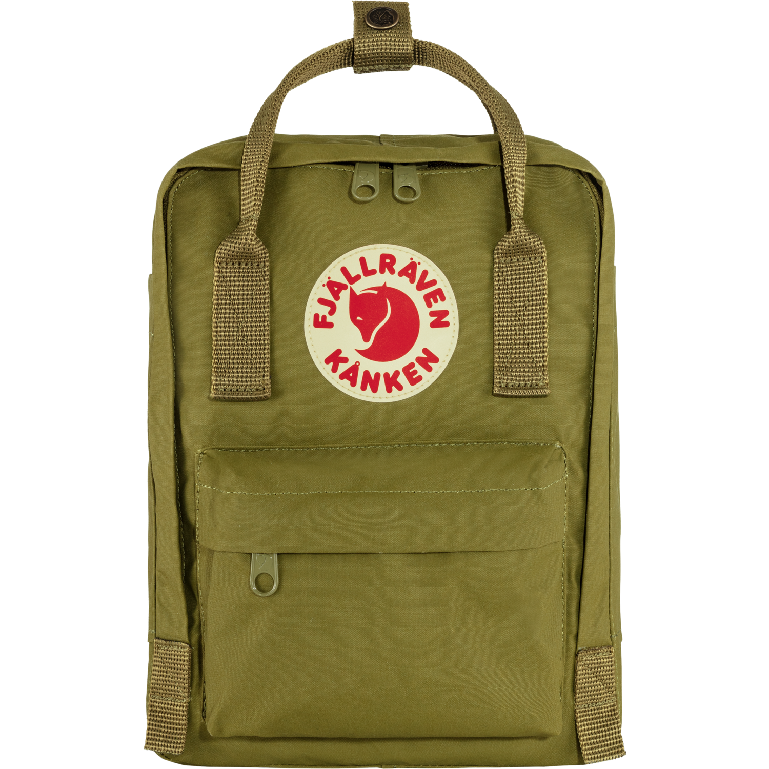 Green mini backpack with Fjällräven Kånken logo on a white background