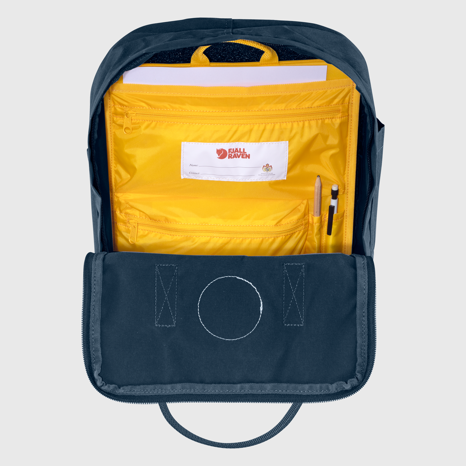 Navy and yellow backpack with a visible Fjällräven label on a light gray background