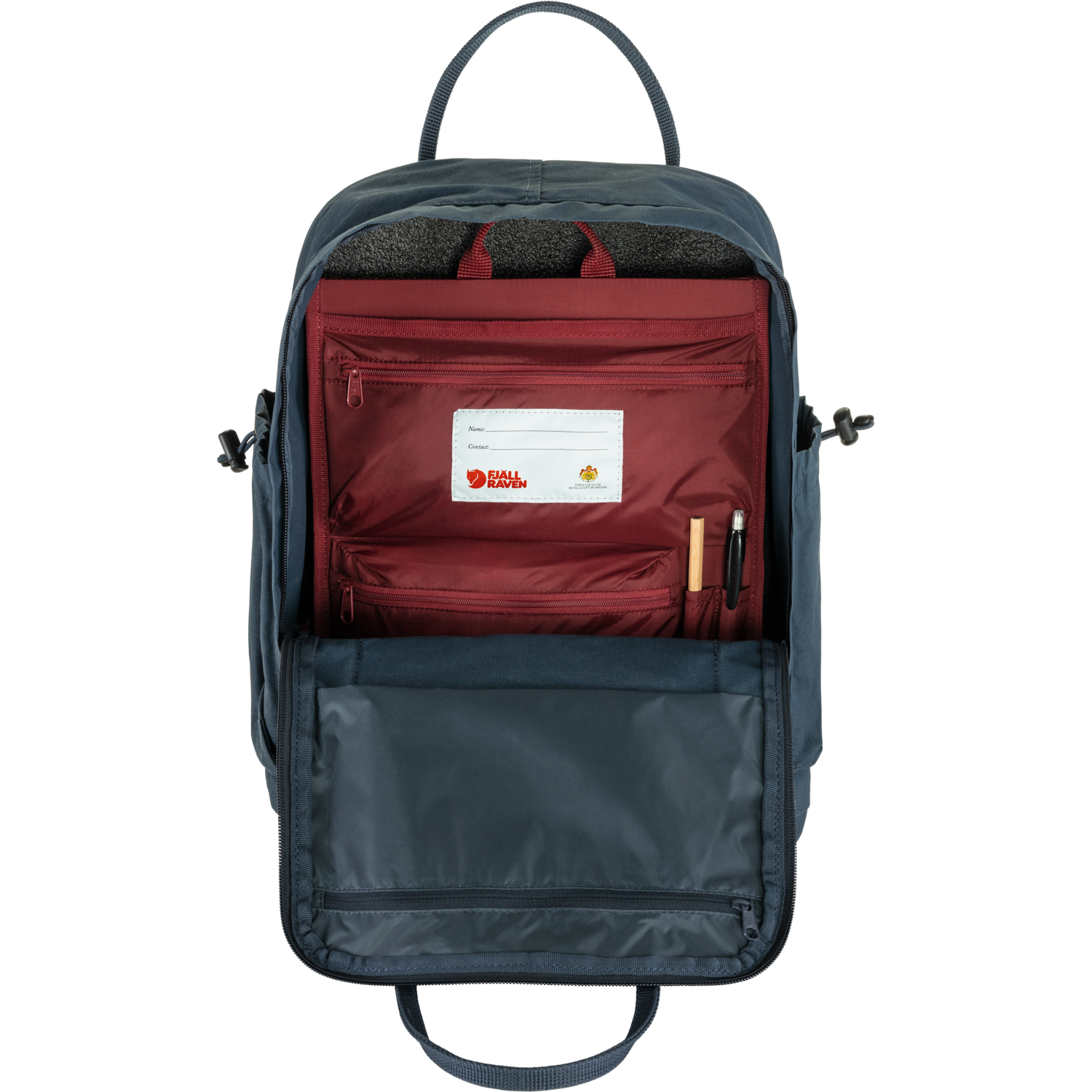 Backpack with a red compartment and visible Fjällräven logo on a white background