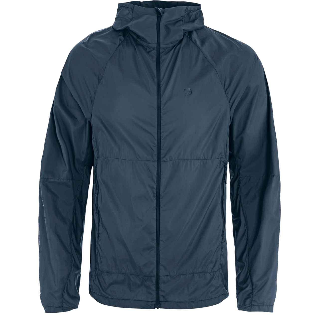 Dark blue jacket with a hood on a white background