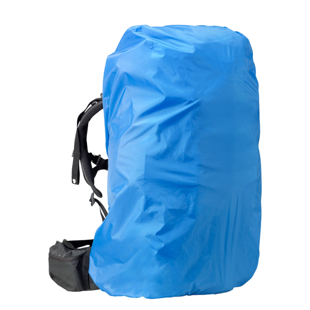 Blue rain cover on a backpack against a white background