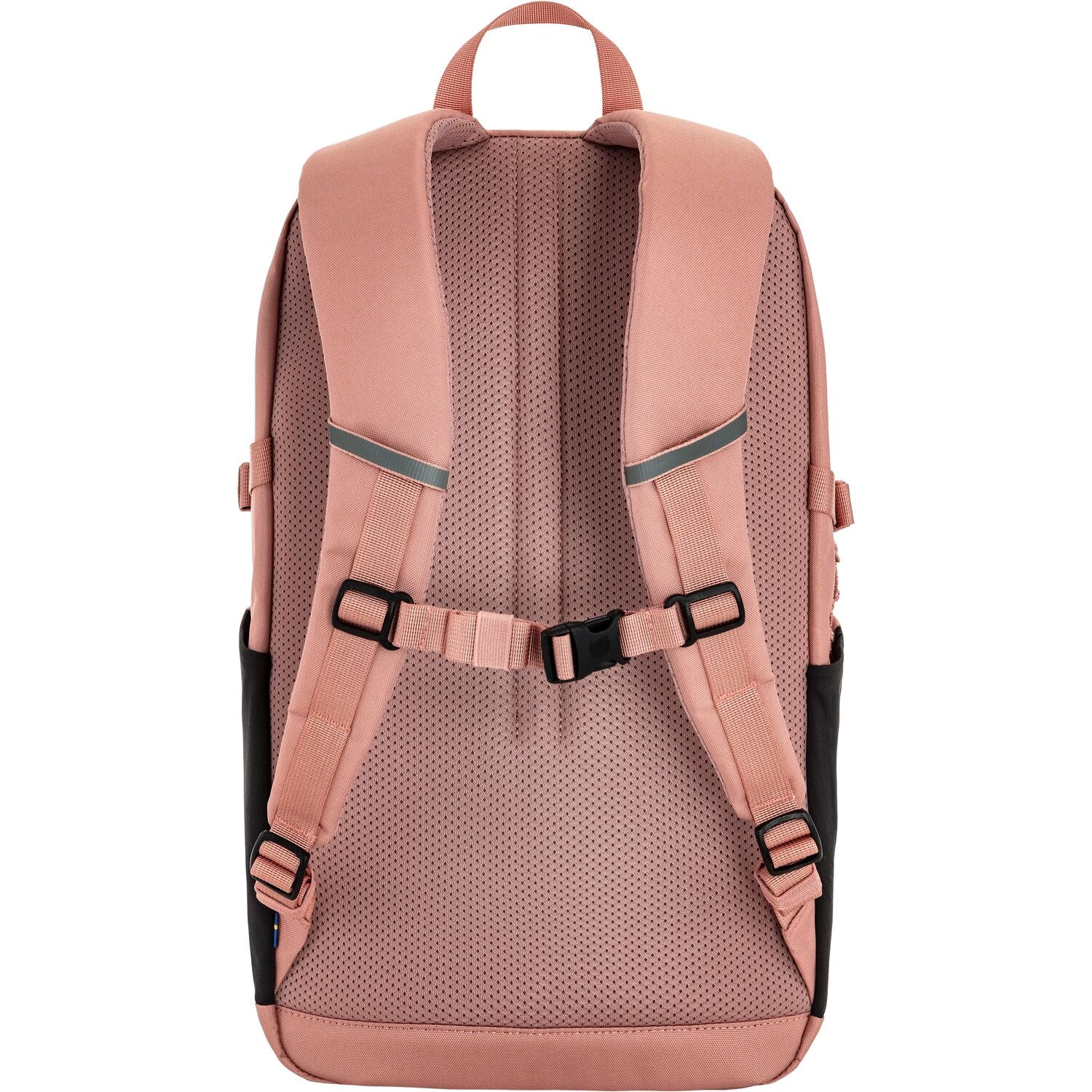 Pink backpack with black straps on a white background