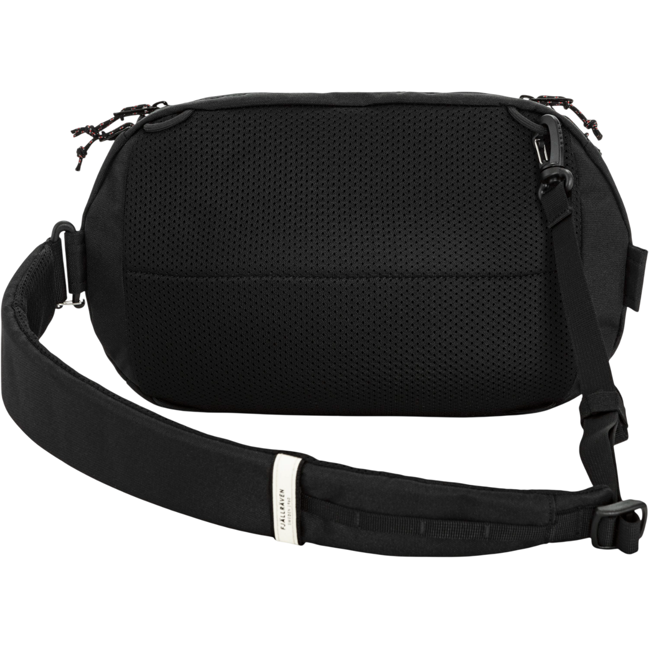 Black shoulder bag with a strap on a white background