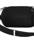 Black shoulder bag with a strap on a white background