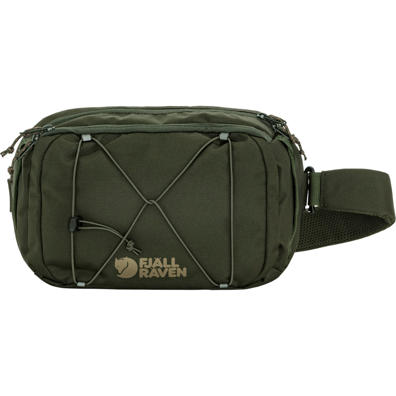 Green waist bag with visible Fjällräven logo on a white background