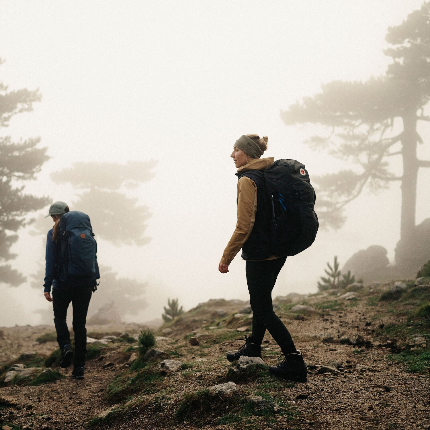 Two hikers with backpacks walking on a misty forest trail.