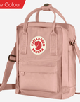 Pink sling bag with Fjällräven Kånken logo on a white background