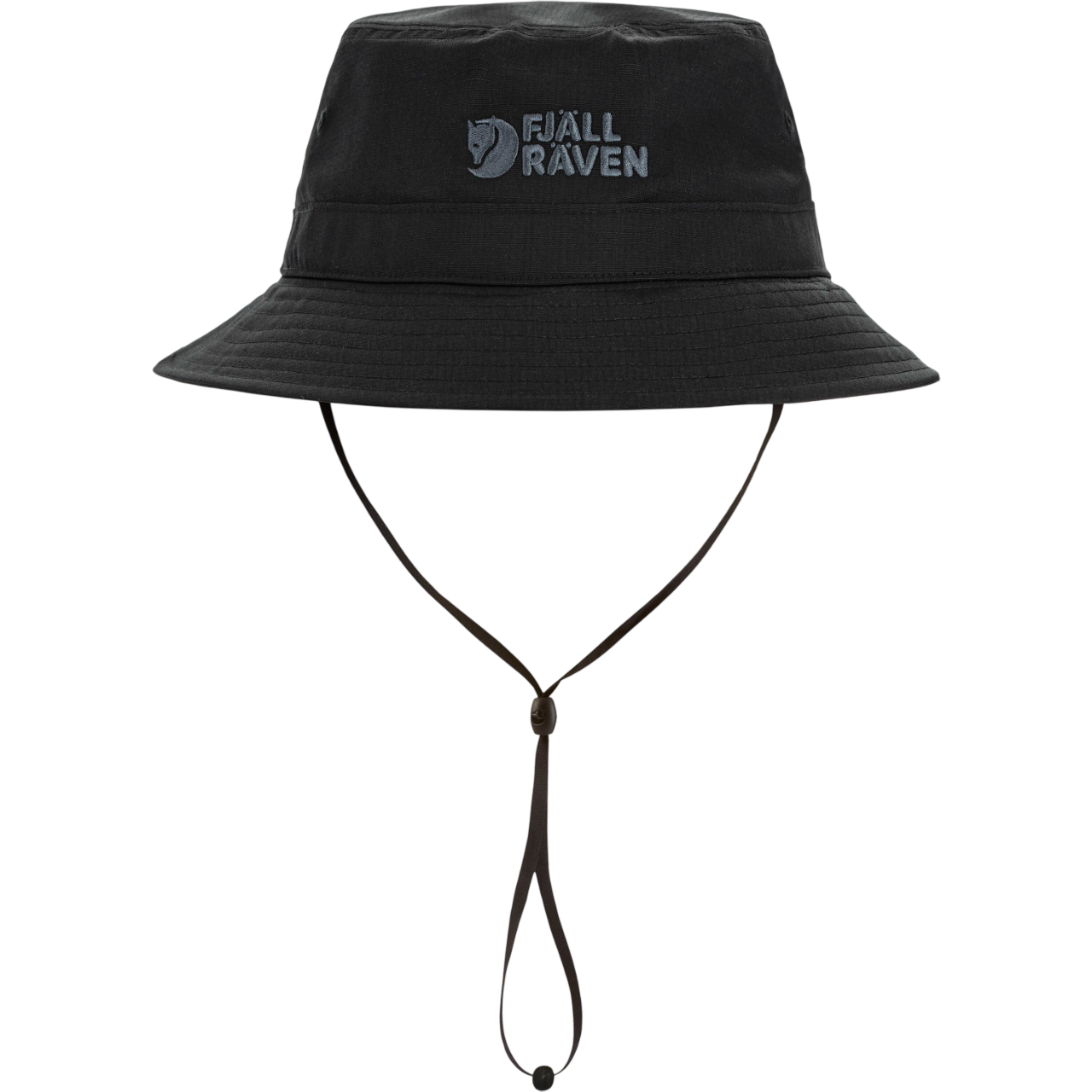 Black bucket hat with a Fjällräven logo on a white background