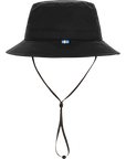Black bucket hat with a strap on a white background