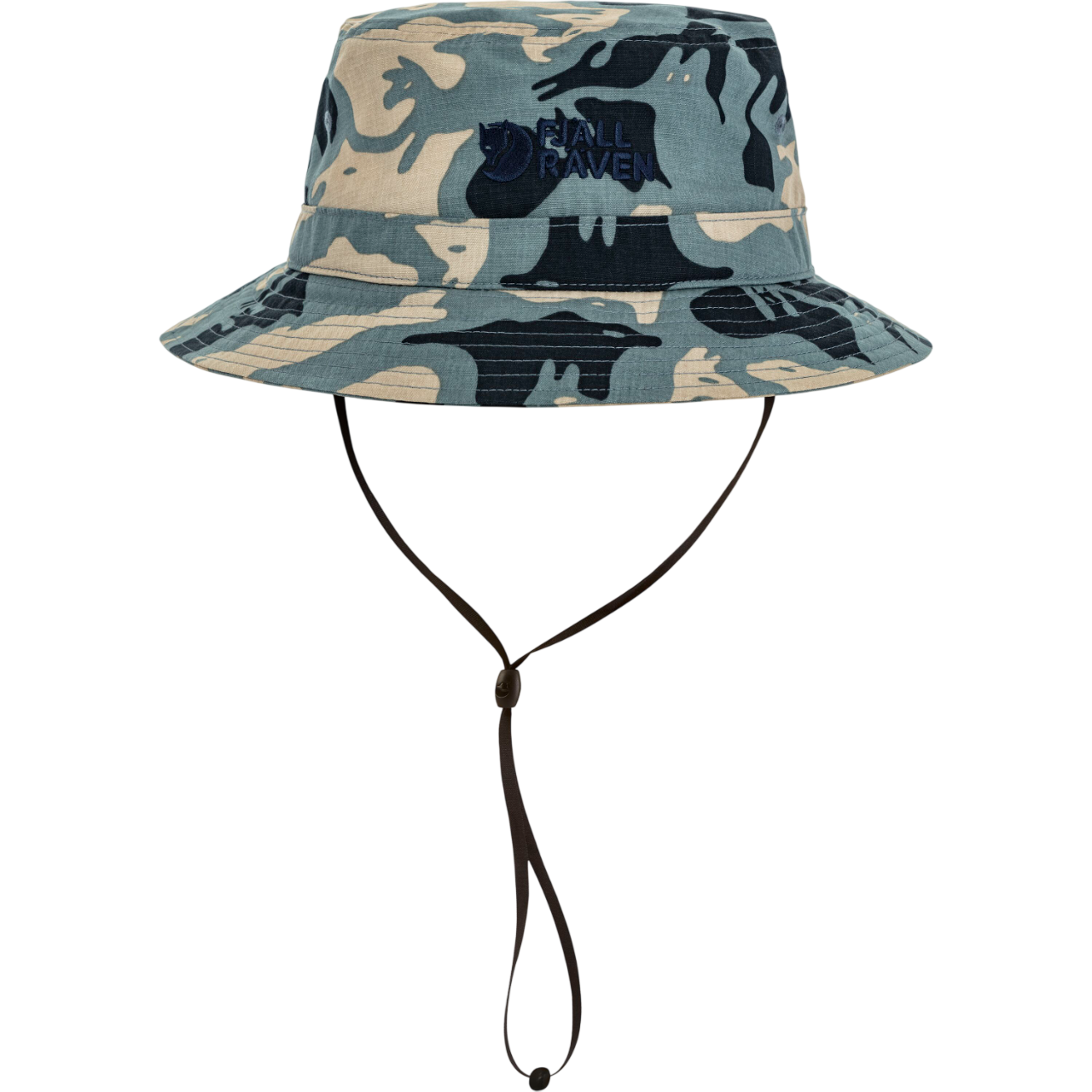 Camouflage bucket hat with a Fjällräven logo on a white background