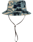 Camouflage bucket hat with a Fjällräven logo on a white background