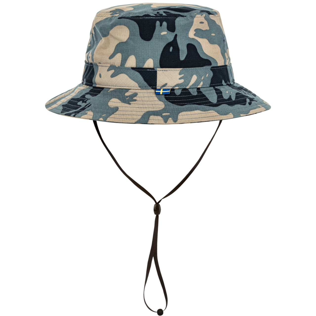 Camouflage bucket hat with a strap on a white background